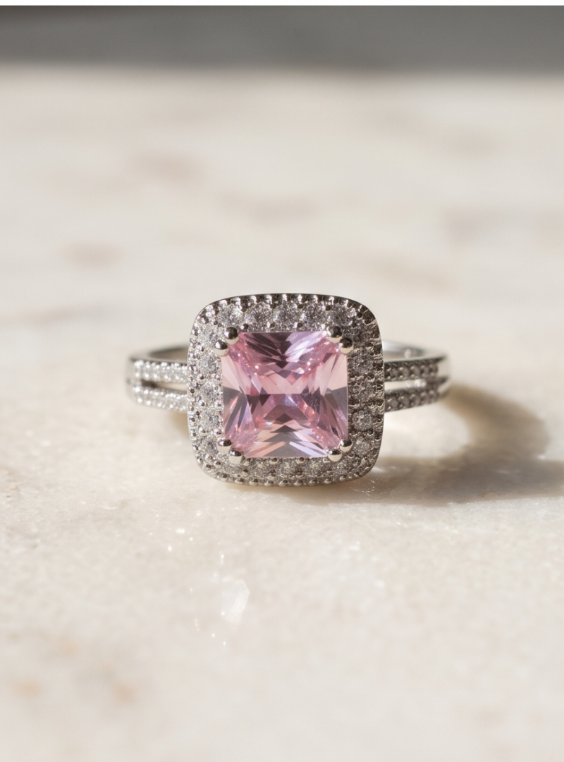 Pink Jewel Silver Diamond Ring