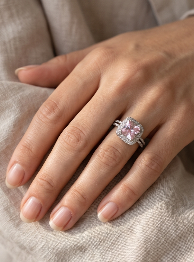 Pink Jewel Silver Diamond Ring