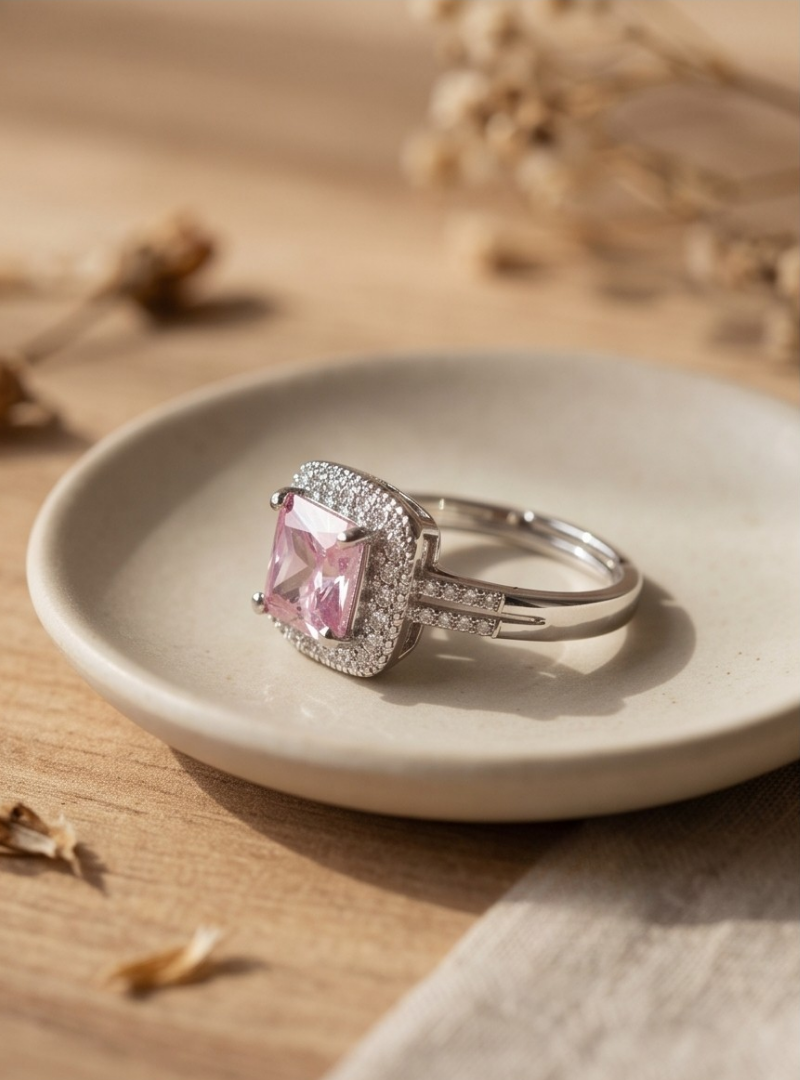 Pink Jewel Silver Diamond Ring